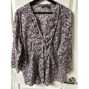Eddie Bauer Plum Purple & White Floral Button Up Blouse 3/4 Sleeve Sz XL